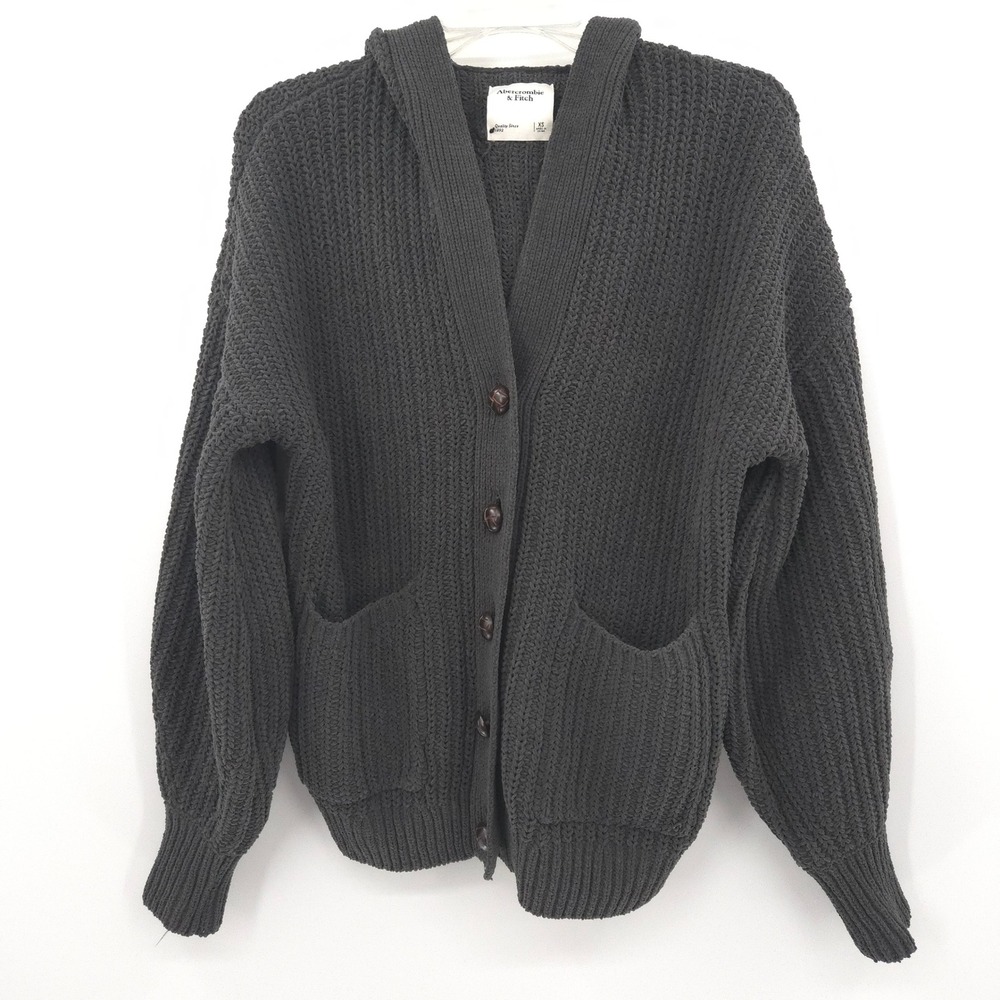Abercrombie & Fitch Chunky Knit Cardigan Women XS Gray Hooded Button Sweater